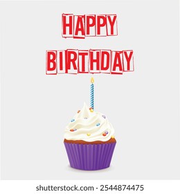 Vektor Happy Birthday horizontale Illustration mit 3D realistischen roten Text und weißem Hintergrund mit Text und Glitzer Konfetti Geschenkbox Kerze. eps Vektordatei abstrakte Kuchenfutter. Geburtstagsfeier