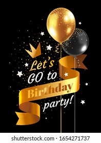 Vector happy birthday illustration with 3d realistic golden air balloon on black background with ribbon and text. Holiday design with glitter confetti for greeting card, party poster, invitation