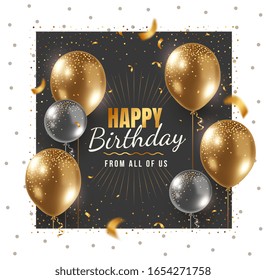 Vector happy birthday illustration with 3d realistic golden and silver air balloon in frame on white and black background with text and glitter confetti. Holiday design for greeting card, party poster