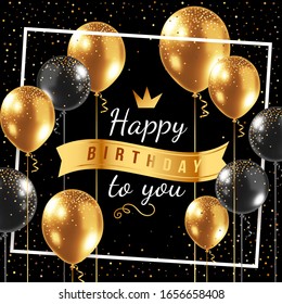 Image vectorielle illustration d'anniversaire heureuse avec ballon à air doré 3d réaliste sur fond noir avec texte et confettis éclatants. Conception des fêtes pour carte de voeux, affiche de fête, invitation