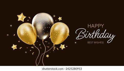 Vector happy birthday illustration with bunch of golden and transparent air helium balloon with star and text on black background. 3d realistic holiday template design of flying balloon for card