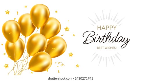 Vector happy birthday illustration with bunch of golden air helium balloon with star, text on white background. 3d realistic holiday template design of flying balloon for greeting card, party poster