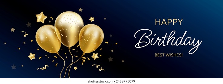 Ilustración de feliz cumpleaños del vector con el montón de globo de helio de aire dorado y transparente con la estrella y el texto sobre fondo azul. Diseño de plantilla de vacaciones 3d realista de globo volador brillante para tarjeta