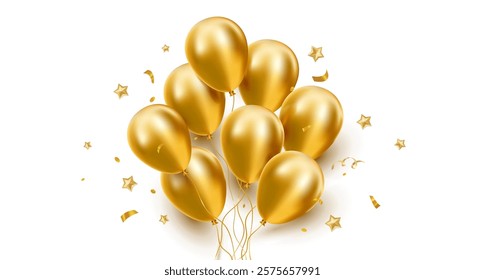 Vector happy birthday illustration with bunch of golden air helium balloon with star and confetti on white background. 3d realistic holiday template design of flying balloon for happy birthday card