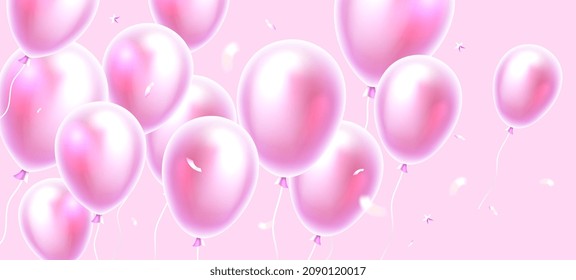 Vector happy birthday illustration with flying realistic pink color air balloon on pink background with confetti. Beautiful holiday template design with balloon for greeting card, party poster, banner