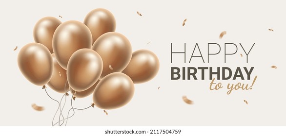 Vector happy birthday illustration with flying realistic golden color bunch of air balloon with confetti and text. Beautiful holiday template design with balloon on light background for greeting card