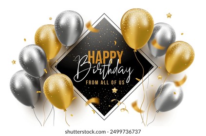 Vector happy birthday illustration with flying balloon and text. 3d realistic holiday template design of golden and silver air helium balloon on color background for greeting card, party poster