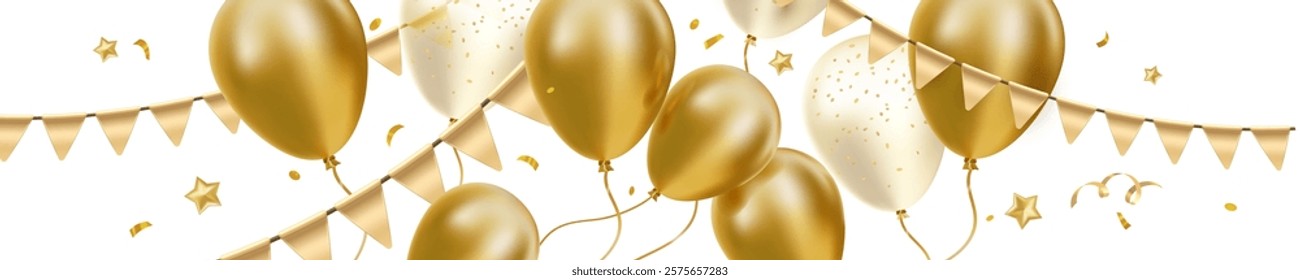 Vector happy birthday illustration with flying balloon with star and confetti on white background. 3d realistic holiday template design of golden air helium balloon and flag for happy birthday card