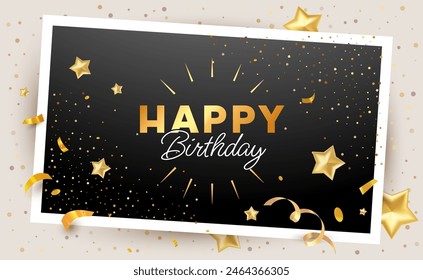 Vektorgrafik Happy Birthday Illustration mit goldenem Stern und Konfetti auf schwarzem Hintergrund. 3D-realistisches Urlaubs-Vorlage-Design mit Text Happy Birthday für Grußkarte, Party-Poster, Banner, Druck