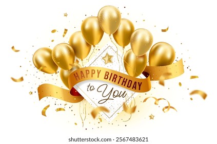 Vector happy birthday illustration with golden flying balloon and text with confetti. 3d realistic holiday template design of air helium balloon with ribbon and star on white background for card