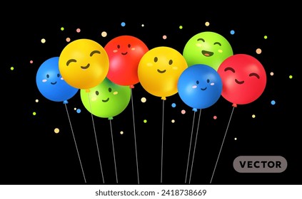 Vector happy birthday illustration with multicolored air helium balloon character with eye and mouth on black background. 3d realistic holiday design of kid flying ball with confetti for greeting card