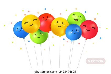 Ilustración vectorial feliz de cumpleaños con carácter de globo de helio de aire multicolor con ojo y boca sobre fondo blanco. 3.d diseño de vacaciones realistas de bola de vuelo de niños con confeti para tarjeta de saludo