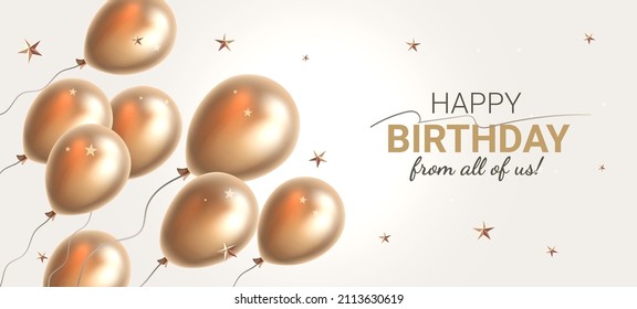 Vector happy birthday illustration with realistic golden color air balloon on light background and text. Beautiful holiday template design with balloon and word happy birthday for greeting card