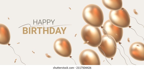 Vector happy birthday illustration with realistic golden color air balloon on light background. Beautiful holiday template design with balloon and text happy birthday for greeting card, party banner