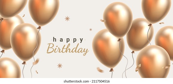 Vector happy birthday illustration with realistic golden color air balloon and confetti. Beautiful holiday template design with balloon and text on light background for greeting card, party poster