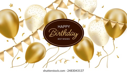 Vector happy birthday illustration with shine golden air helium balloon with flag and text on white background. 3d realistic holiday template design of flying balloon with star for greeting card