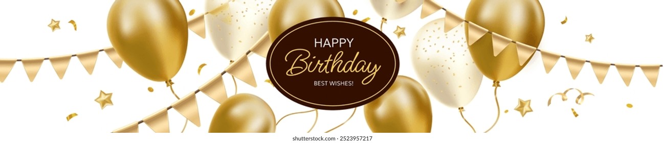 Vector happy birthday illustration with shine golden air helium balloon with text and flag on white background. 3d realistic holiday template design of flying balloon with star for happy birthday