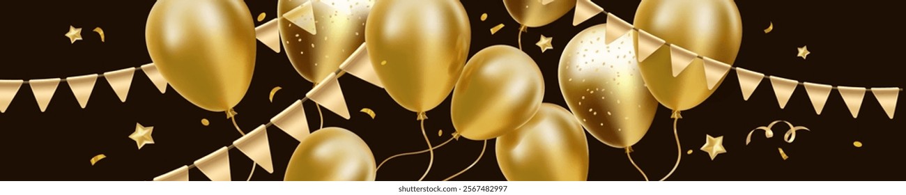 Vector happy birthday illustration with shine golden air helium balloon and flag on black background. 3d realistic holiday template design of flying balloon with star and confetti for happy birthday