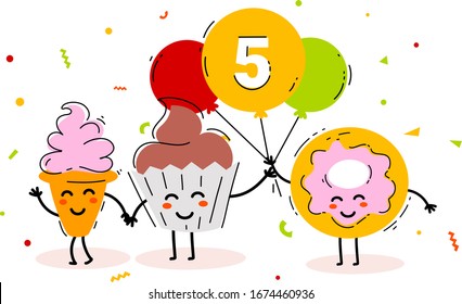 Vector happy birthday illustration of sweet fast food friend together with air balloon on white background. Flat line art style 