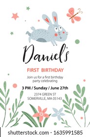 Vector Happy birthday invitation card with cute bunny, flowers and butterfly. Hand drawn kids character. Baby shower invite. Nursery background. Childish illustration. Cartoon cute baby animals. Frame