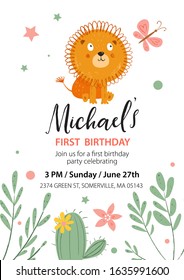 Vector Happy birthday invitation card with cute lion, flowers and butterfly. Hand drawn kids character. Baby shower invite. Nursery background. Childish illustration. Cartoon cute baby animals. Frame