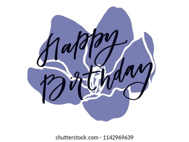 Vector Happy Birthday lettering isolated on white typography design element with purple hand drawn flower. Brush lettering good for posters, t-shirts, prints, banners. great for photo overlay.
