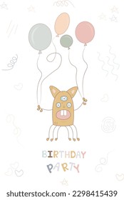 Vector happy birthday party with balloons card template, cute monster illustration