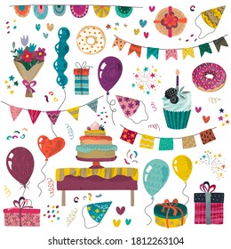 Vector Happy Birthday party elements set - holiday cake, presents, gifts, muffins, cupcakes, balloons, hat, decor. Beautiful colorful festive illustration