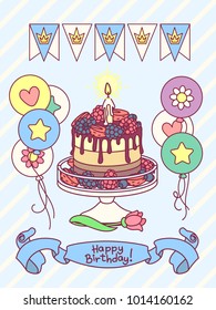 vector Happy Birthday party greeting card for boy. Cake, cakestand, 1 candle, balloons, ribbon,  flags, striped frame. Festive cartoon congratulation text template. White & blue celebrate concept 03
