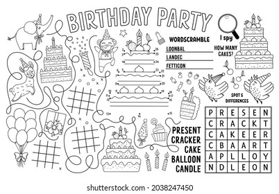 Vector Happy Birthday placemat for kids. Holiday party printable activity mat with maze, tic tac toe charts, connect the dots, find difference. Black and white play mat or coloring page
