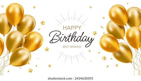 Vector happy birthday template with bunch of golden air helium balloon with star and text on white background. 3d design of realistic holiday illustration of flying balloon for greeting card, poster