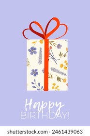 Vector Happy Birthday trendy Greeting Card with gift and typography design. Floral universal elegant artistic template. For poster, business card, invitation, flyer, banner, email header