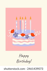 Tarjeta de felicitación de moda del cumpleaños feliz del Vector con el pastel y el diseño de la tipografía. Plantilla artística elegante universal floral. Para póster, tarjeta de visita, invitación, folleto, Anuncio, encabezado de correo electrónico