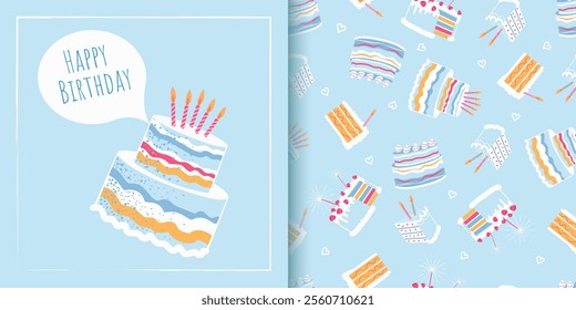 Vector Happy Birthday trendy Greeting Card with cake and typography design. Festive universal elegant artistic template. For poster, business card, invitation, flyer banner email header Cute pattern