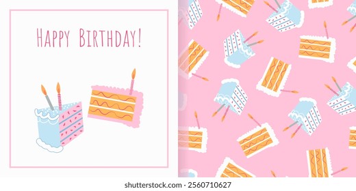 Vector Happy Birthday trendy Greeting Card with cake and typography design. Festive universal elegant artistic template. For poster, business card, invitation, flyer banner email header Cute pattern