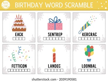 Vector Happy Birthday word scramble activity cards. English language game with cute candle, balloons, cake for kids. Holiday party family quiz. Simple educational printable worksheet.
