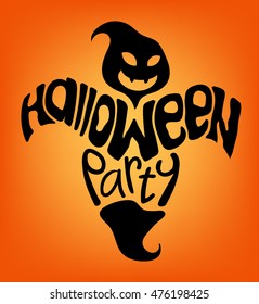 Vector happy black ghost silhouette  with lettering " Halloween party " on orange background