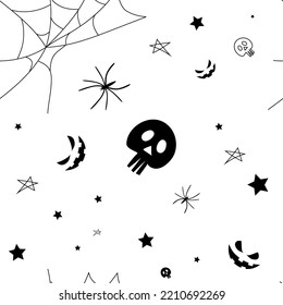 Vector. Happy black and white Halloween background. Funny cartoon style. Background with hand drawn outline Halloween elements: spider web, spider, skull, stars, anthropomorphic face.