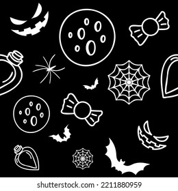 Vector. Happy black and white halloween background. Funny cartoon style. Background with hand drawn contour Halloween elements: full moon, bat, spider, cobweb, candy, bubble, anthropomorphic face.