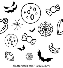 Vector. Happy black and white halloween background. Funny cartoon style. Background with hand drawn contour Halloween elements: full moon, bat, spider, cobweb, candy, bubble, anthropomorphic face.