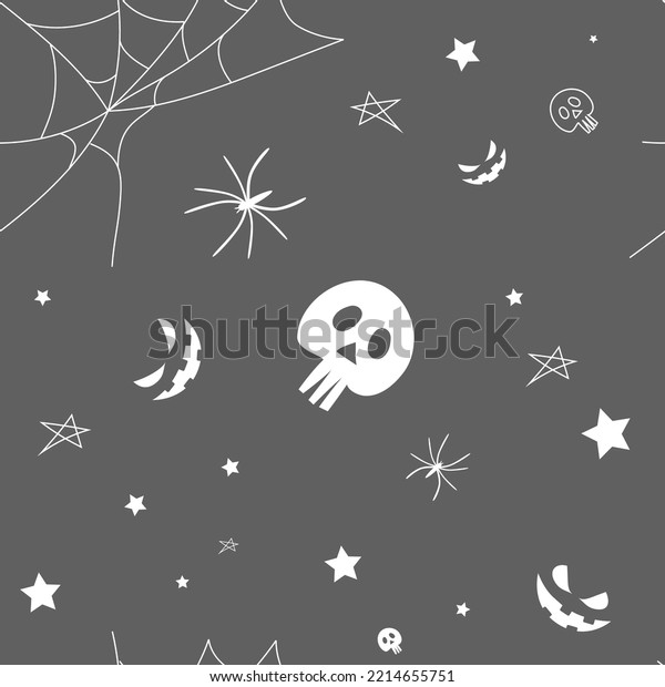 Vector. Happy\
black and white Halloween background. Funny cartoon style.\
Background with hand drawn outline Halloween elements: spider web,\
spider, skull, stars, anthropomorphic\
face.