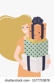 Vector happy blonde girl stands and holds gift boxes in pastel shades in her hands