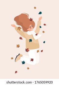 Mujer rubia vectorial feliz saltando y sonriendo con hojas. Ilustración de otoño