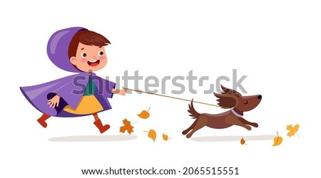 Vector happy boy in boots and coat walking with funny dog with orange autumn maple leaves background. Cute cartoon kid with pet playing outdoors in warm cloth.