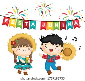 a vector of a happy boy and girl at Festa Junina