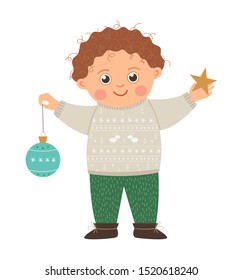 Vector happy boy in sweater with curly brown hair holding a Christmas ball and a star. Cute winter kid illustration isolated on white background. Funny flat style picture for New Year or winter design