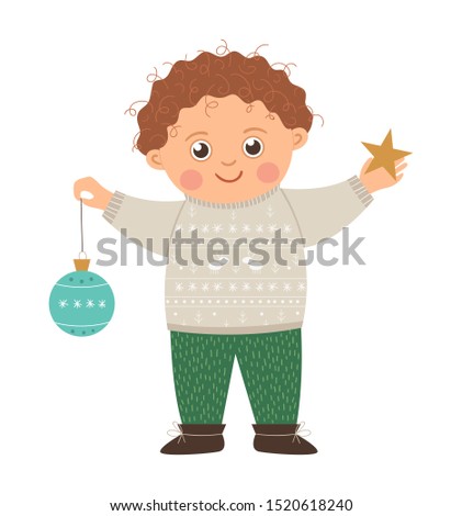 Vector happy boy in sweater with curly brown hair holding a Christmas ball and a star. Cute winter kid illustration isolated on white background. Funny flat style picture for New Year or winter design