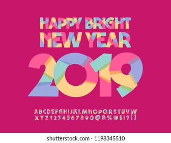 Vector Happy Bright New Year 2019 Greeting Card for Children. Kids Colorful Font. Creative Alphabet Letters, Numbers, Symbols. 