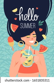 Vector happy brunette woman in a red swimsuit with lemonade in hand and the text hello summer