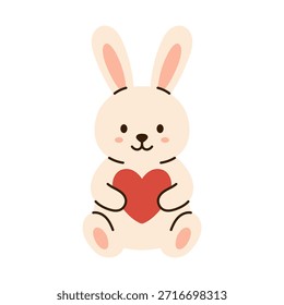 Coelho feliz vetor segurando o coração vermelho. Ícone de brinquedo de coelho pelúcia bonito para o Dia dos Namorados, presente, saudação, romântico, feriado infantil, decoração em estilo plano.